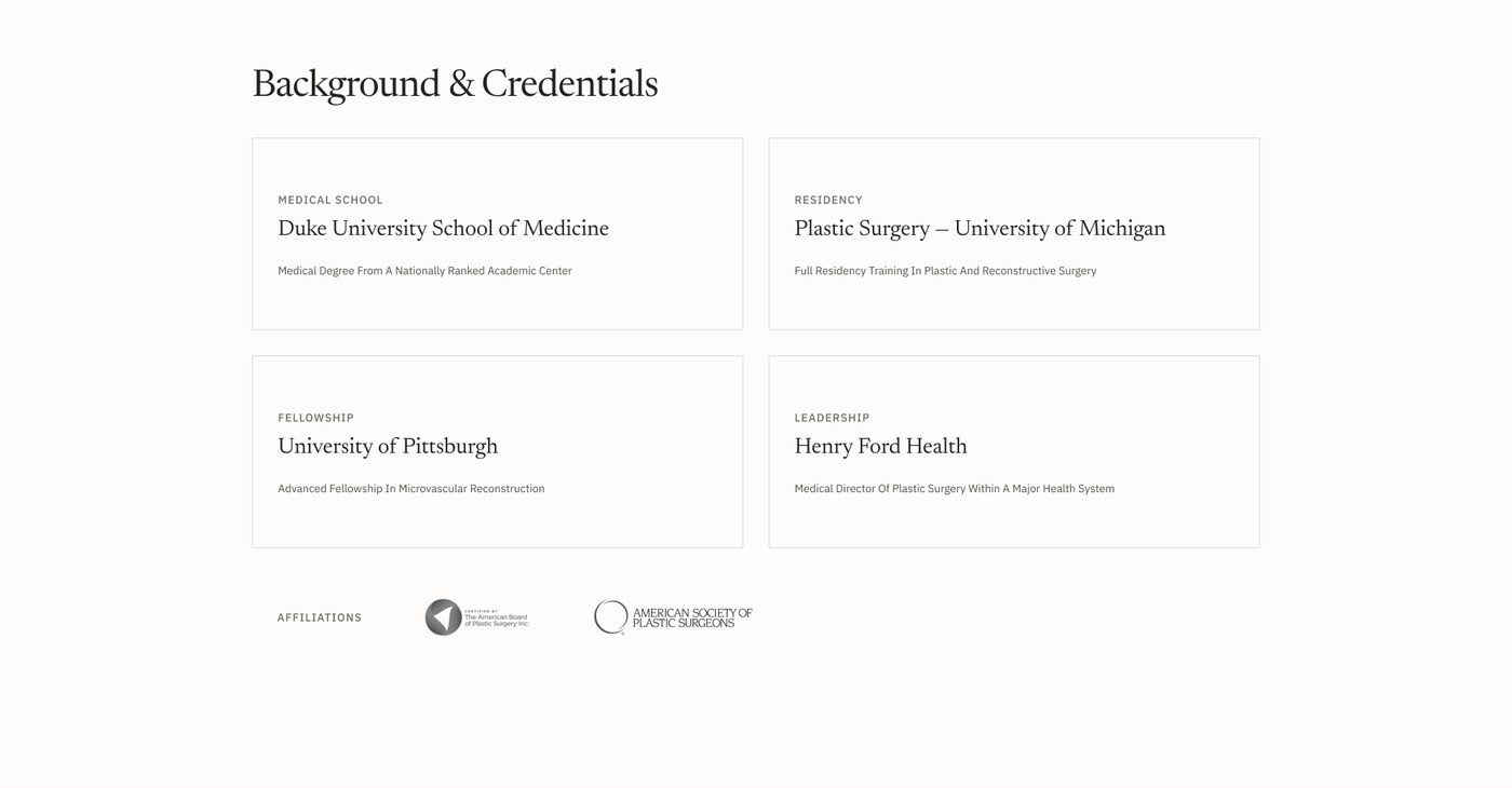 Background and Credentials section variation: four cards for medical school, residency, fellowship, leadership