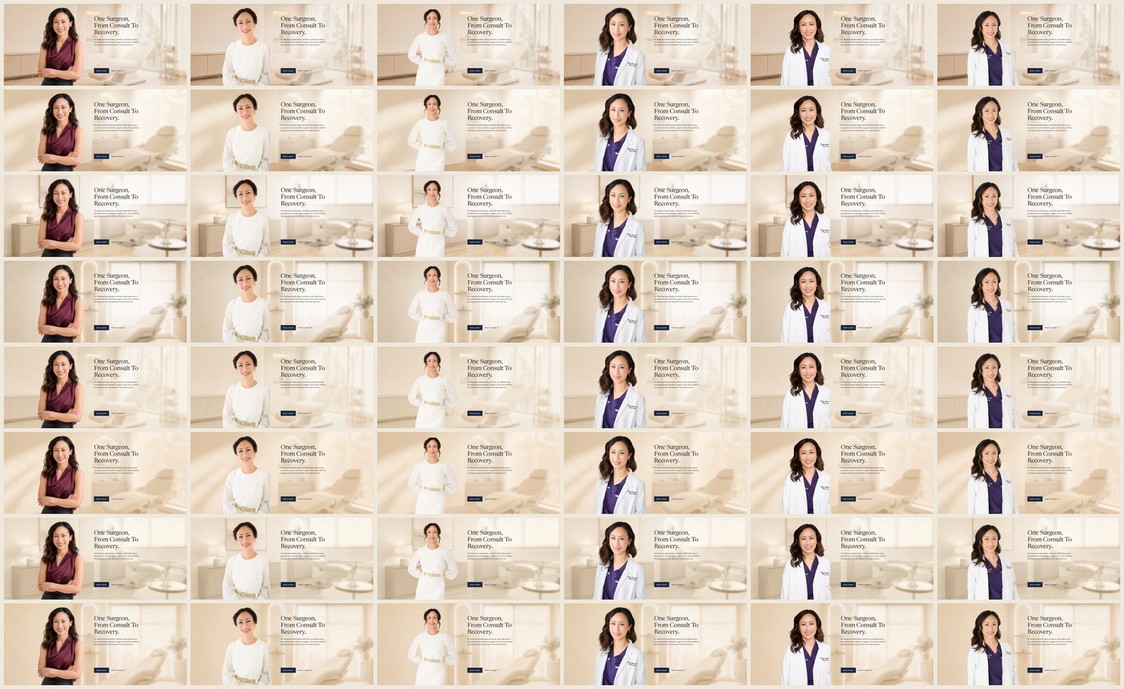 A contact sheet of 48 explored hero compositions for the homepage
